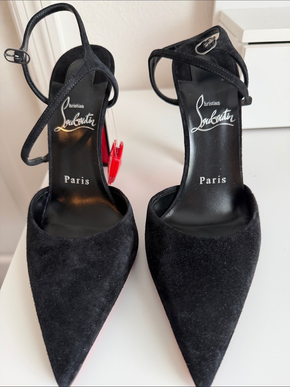 Christian Louboutin Black Suede Pointed Toe Ankle-Strap Pumps with Red Sole - Picture 1 of 5